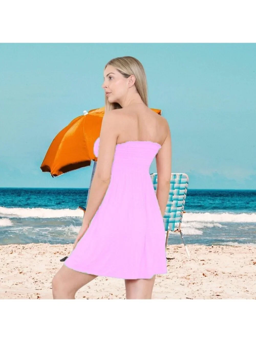 Women's Baby Pink Strapless Tube Short Beach Summer Dresses Casual Mini Dress